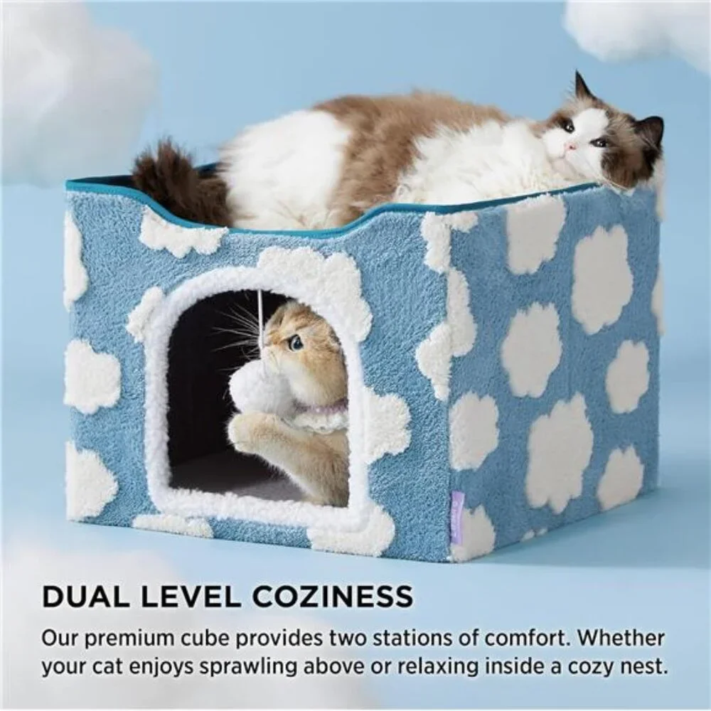 Cat Bed Indoor Cat House Large Cat Cave Foldable Kitten Hideaway with Hanging Ba
